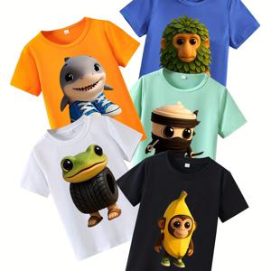 TEMU 5개 남아 여름 반팔 티셔츠 세트 - 귀여운 상어, 타이어 개구리, 바나나 고릴라, 커피 닌자, 나무 사람 캐릭터 프린트 - 캐주얼 라운드넥 상의
