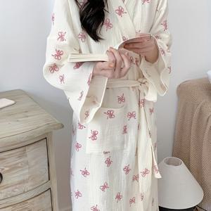 TEMU 여성용 포근한 핑크 나비 프린트 V넥 나이트가운, 리본 디테일 - 긴 소매, 루즈핏, 봄 & 가을용 캐주얼 잠옷, 부드럽고 편안한, 성인용 잠옷|나비 프린트 드레스|부드러운 원단