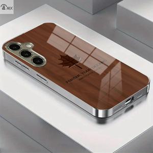 TEMU 고급스러운 비즈니스 우드 그레인 미러 폰 케이스, 메이플 리프와 영감을 주는 문구 포함, 삼성 갤럭시 A 시리즈 및 노트 시리즈 호환 가능, 전기도금 실버 유리, 전체 커버리지와 강화된 유리로 낙하 방지 기능 제공