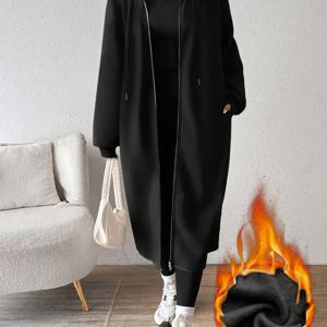 TEMU 여성용 우아한 후드 재킷 - 드로스트링 후드가 있는 롱 코트, 가을/겨울용 시크한 아우터, 오피스, 파티, 데일리 - 여성 패션 아우터, 여성 겨울 코트, 파티 복장, 디자인, 내구성 좋은 원단, 오피스 웨어