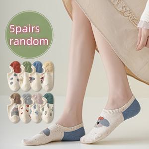 TEMU 랜덤 5쌍/8쌍 여성용 도트 양말, 귀여운 캐릭터 동물 & 하트 패턴, 부드러운 파스텔 컬러, 편안한 골지 노쇼 기계세탁 가능 데일리 하우스 슬리퍼