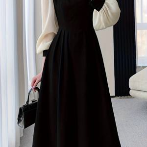 TEMU 가을 겨울 메쉬 컬러 블록 스플라이싱 드레스, 세련된 V넥 우아한 미디 길이 이브닝 가운, 이국적인 랜턴 소매|여성원피스|인견원피스|가을원피스