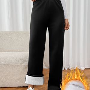 TEMU 여성용 하이웨이스트 두꺼운 보온 와이드 레그 팬츠 - 겨울용 따뜻한 긴 바지, 솔리드 컬러 속옷 또는 외복, 세탁기 사용 가능, 일상 및 아웃도어 착용 (겨울용)