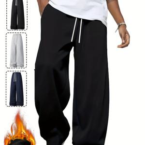 TEMU 남성용 겨울 안감 바지 1개, 루즈한 핏 & 중간 허리 주머니 - 추운 날씨에 적합한 따뜻한 캐주얼 바지, 기계 세탁 가능 (블랙/그레이/블루)