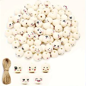 TEMU 50개 20mm 나무 구슬, 다양한 스마일 페이스 패턴, 천연 나무 대량 구슬, 가랜드 트림 주얼리 만들기 DIY 팜하우스 데코 - 비딩 용품