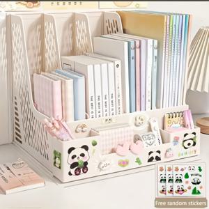 TEMU 네 칸 파일 정리함 + 펜 홀더, 책꽂이, 책상용 책장, 데스크 파일 프레임. 랜덤 스티커 포함. 교실, 사무실, 기숙사에 적합