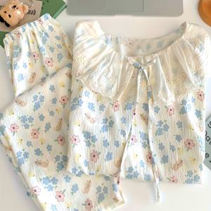 TEMU 여성용 가을 레이스 라운드넥 긴팔 파자마 세트, 플로럴 프린트 봄/가을 홈웨어 리본 포함, 성인용 잠옷