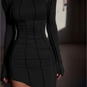 TEMU 여성용 우아한 슬림핏 미니 드레스 - 긴소매 파티 클럽 드레스, 비대칭 밑단, 야간 클럽, 데이트, 공식 행사용 바디콘 의상 - 봄/가을 여성 의류, 나이트클럽 복장, 세련된 스타일, 스타일리시한 여성, 여름 원피스 외출용, 우아한 원피스