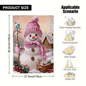 TEMU 1개 겨울 눈사람 눈 숲 담요 - 초소프트 플란넬 사계절용 포근한 담요, 눈사람 & 겨울 풍경 디자인 (눈사람, 썰매, 눈송이, 솔방울 & 눈 덮인 집) - 파스텔 핑크 & 화이트 색상, 침대, 소파, 사무실용 - 크리스마스 & 겨울 장식 - 가볍고 따뜻한 침대보 또는 담요 - 집, 여행, 선물에 이상적 - 포근한 겨울 느낌의 축제 눈사람 테마