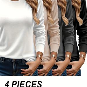 TEMU 여성용 캐주얼 긴팔 티셔츠 4종 세트 (가을, 겨울용 라운드넥), 단색 긴팔 베이스 레이어.|티셔츠