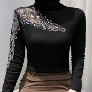 TEMU 여성용 우아한 블랙 터틀넥 탑, 어깨 라인 스팽글 패턴 - 하이넥 긴팔 블라우스, 사계절 활용 가능한 셔츠, 직장, 파티, 캐주얼 복장, 파티룩, 세련된 스타일, 튼튼한 원단, 스타일리시 블라우스, 패션 애호가, 모노키니, 바디수트, 바디슈트 여성, 수영복, 레오타드, 바디수트 여성