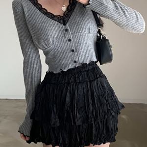 TEMU 여성용 한국 스타일 프렌치 V넥 숏탑 - 슬림핏 블라우스, 러플 트림, 고탄력 반투명 숏 튜닉 셔츠, 가을/겨울 레이어링용 세탁기 사용 가능 (단색)|블라우스|티셔츠|셔츠