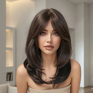 TEMU 18인치 다크 브라운 레이어드 합성 가발 (앞머리 포함), 부드럽고 관리 쉬움, 사계절 착용 가능, 일상 업무 / 할로윈 크리스마스 휴일 분위기용