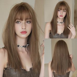 TEMU NAMM - 고밀도 브라운 합성 가발 여성용 - 라이트 브라운 숏/롱 헤어 에어 뱅 & 레이어드 스타일, 로즈 넷 (핑크/베이지) - 데일리 웨어, 민감한 두피 친화적, 인스턴트 볼륨 & 풍성함