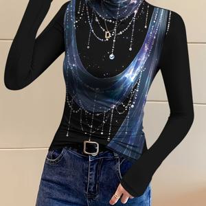 TEMU 여성용 우아한 전체 인조 진주 목걸이 프린트 긴팔 터틀넥 탑, 우아한 그래픽 프린트, 부드럽고 신축성 있는 원단, 캐주얼하고 편안함, 모든 계절에 적합.