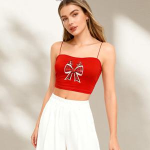 TEMU 여성용 레드 화이트 체크 리본 & 골드 액센트 프린트 반팔 스파게티 스트랩 탑 - 크리스마스 파티, 여름 드레시 블라우스용 우아한 핏 크롭 셔츠 (세탁기 사용 가능) - 봄/가을 캐주얼에서 세미포멀 웨어