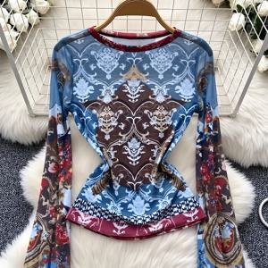 TEMU 여성용 페이즐리 프린트 시스루 투닉 탑 - 인스파이어드 롱 슬리브 블라우스, 탄력 있는 허리 디자인, 터키스 블루/버건디/브라운/블랙/마룬, 파티 & 페스티벌용 머신 워시 가능한 루즈핏 셔츠