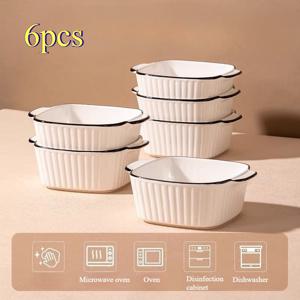 TEMU 검은색 테두리가 있는 세라믹 베이킹 디쉬 6개 세트. 사각형 모양으로 에어프라이어에 적합합니다. 이 작은 베이킹 웍은 손잡이가 있으며 오븐, 전자레인지 및 식기세척기에서 사용하기 안전합니다. 주방에서 사용하기에 완벽하며 디저트 또는 메인 요리 역할을 할 수 있습니다.|에어프라이어