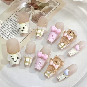 TEMU 10개 세트 핸드메이드 프레스온 네일 - 롱 코핀 쉐입 (아몬드보다 짧음) 풀 커버리지 인조 네일, 3D 갈색 곰 & 리본/핑크 리본/꼬리 리본, 화이트 스펙클 프렌치 팁, 광택 처리, 파티, 댄스, 데일리 웨어용