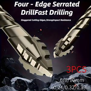 TEMU 3개입 고강도 초경 드릴 비트 - 고효율 건식 드릴 비트, 4날 톱니 비스형 이심 디자인, 임팩트 드라이버 및 앵글 그라인더 호환, 타일, 세라믹, 유리, 대리석, 콘크리트용, 드릴 비트 세트, 금속용 드릴 비트