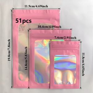 TEMU 핑크 51개입 두꺼운 홀로그래픽 레이저 자동밀봉백, 투명창 지퍼백 - 파티 선물 포장, 네일 도구 보관, 보석 및 화장품 방산화 보관용