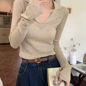 TEMU 여성 가을 신상 원피스 캐주얼 우아한 긴팔 탑, 가을 스웨터, 여성 니트웨어, 여성 겨울 신상 한국식 슬림핏 칼라 젠틀 레이어 스웨터 긴팔 스웨터