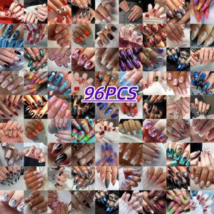 TEMU 96개 인조 손톱 | 사각 모양, 중간 길이, 광택 마감, 혼합 색상 시스템 | 잎과 패턴, 기계 제작, 데일리 및 휴일용 재사용 가능|네일아트|네일스티커