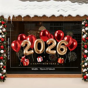 TEMU 2026 크리스마스 풍선 & 새해 축하 정전기 부착 창문 스티커 - 두께 PVC, 재사용 가능, 레드 풍선 & 골드 숫자 2026의 현대적인 디자인, 가정, 상점 또는 파티 장식, 크리스마스 장식에 적합, 유리창스티커, 스티커 꾸미기, 유리스티커, 창문 시트지, 창문스티커, 스티커 그림, 유리 필름, 벽스티커