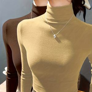 TEMU 여성용 솔리드 컬러 긴팔 티셔츠 탑 2팩, 하이넥 따뜻함, 독일산 플리스 캐주얼 티, 레귤러 핏 스타일, 4계절 내내 편안함, 캐주얼 웨어, 긴팔 티