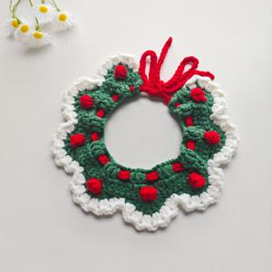 TEMU 크리스마스 귀여운 니트 애완동물 침 타월 턱받이 (빨간 리본 & 녹색 포인트) - 수제 코바늘 뜨개질 강아지 & 고양이 디자인, 부드러운 아크릴 원단, 장식, 축제 분위기 애완동물 액세서리, 튼튼한 애완동물 액세서리에 적합