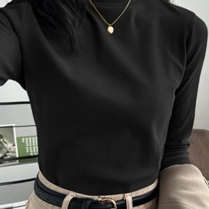 TEMU 미안지(MIANZHI) 여성용 두꺼운 겨울 베이스 레이어 티셔츠 - 슬림 H라인 라운드넥 긴팔 레이어링 탑, 코리안 스타일 솔리드 컬러 블라우스, 드레스/정장/카드 아래 착용 가능 (기계 세탁 가능)