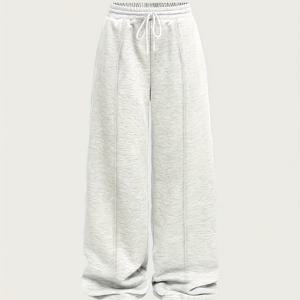 TEMU 여성 캐주얼 와이드 레그 팬츠 (탄성 드로스트링 허리) - 가을/겨울용 포근한 기모 안감 바지, 단색, 사계절 편안함, 캐주얼 복장