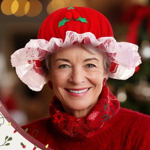 TEMU 빨간 주름 장식 크리스마스 파티 모자 - 홀리 베리 리본 & 레이스 장식 - 부드러운 카니발 캡, 드레스업, 크리스마스, 새해, 발렌타인데이용 - 손세탁 전용 (할머니 스타일 액세서리)