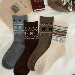TEMU 여성용 가을/겨울 따뜻한 에스닉 페어 아일 양말 4켤레, 새로운 스타일 커프 양말, 다용도 빈티지 미드 캐프 양말