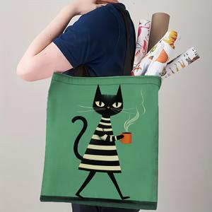 TEMU 2D 평면 프린팅 1개, 여성용 레트로 모던 토트백 - 귀여운 고양이 커피 마시는 프린트와 민트 그린 배경, 블랙 캣& 의상 디자인 - 내구성 좋은 넉넉한 일상용 가방, 여성 선물, 크리스마스, 휴일 선물, 2D 평면, 넉넉한 캐리올 백,여성용 액세서리 가방, 핸드백,고양이 프린트 가방,검정색과 흰색 고양이 프린트,휴일 쇼핑객,여성 선물