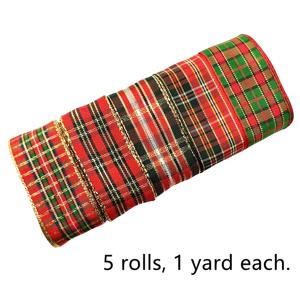 TEMU 크리스마스 새틴 리본 2.54cm 5롤 세트 (1롤 1야드), 레드 체크 무늬 와이어 엣지, 장식용 리본 보우, 선물 포장, 공예 및 홈 데코에 적합, 결혼식, 새해, 생일 및 발렌타인데이를 위한 인기 상품.