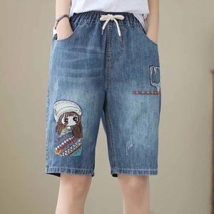 TEMU 여성 여름 5부 데님 반바지 빈티지 루즈핏 자수 밴딩 편안한 통기성 솔리드 디자인 예쁜 데님 반바지