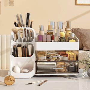 TEMU 프란다스 대형 플라스틱 메이크업 정리함 - 브러쉬 홀더 포함, 화이트 컬러, 립스틱·네일 폴리시·향수·아이섀도우 팔레트 보관용, 내구성 강화, 공간 절약 디자인, 세련된 구성, 욕실 및 화장대 수납 솔루션