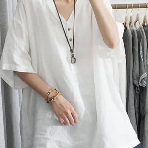 TEMU 여성 여름 브이넥 반팔 티셔츠 면 혼방 단추 디자인 빅 사이즈 루즈핏 캐주얼 셔츠 상의 빈티지