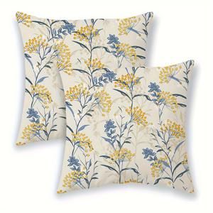 TEMU 2개 리넨 베개 커버, 수채화 파란색과 노란색 꽃무늬 디자인, 빈티지 장식용 소파용 쿠션 커버, 지퍼 클로저, 세탁기 사용 가능, 16x16, 18x18, 20x20인치 사이즈 (내부 삽입물 없음), 소파용 쿠션