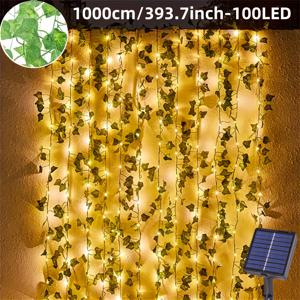 TEMU 1개, 50/100 LED 태양광 인조 아이비 스트링 조명, 스마트 기능이 있는 태양광 구리 와이어 요정 조명, 8가지 모드, 야외 정원, 벽, 발코니, 울타리, 나무, 결혼식, 파티, 거리, 레스토랑 설정에 적합