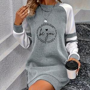 TEMU 여성용 우아한 컬러 블록 드레스 - 긴 소매 크루 넥 '베 유' 하트 디자인, 회색 & 흰색, 캐주얼 스타일, 봄/가을에 완벽, 캐주얼 웨어 드레스 | 하트 모티프 드레스 | 건축, 귀여운 드레스