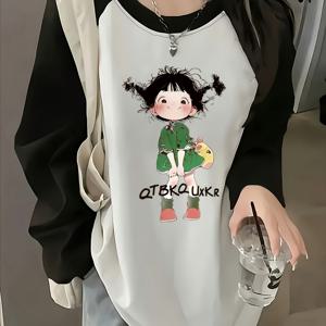 TEMU 여성용 Y2K 오버사이즈 긴팔 티셔츠 - 귀여운 애니메이션 & 그린 아웃핏 프린트, 소프트 라운드넥 캐주얼 탑, 일본식 한국 패션 루즈핏 블라우스 가을 겨울 레이어링 (블랙 & 화이트 베이스)