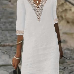 TEMU 여성용 V넥 레이스 반팔 드레스