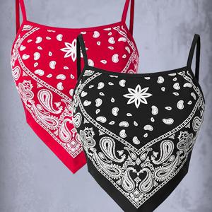 TEMU 2pcs 여성용 Y2K 스타일 캐미솔 탑 세트, 비대칭 넥 타이, 꽃무늬 스파게티 스트랩 벨리 버튼 블라우스, 노트드 디테일, 기하학적 패턴, 올 시즌 착용, 캐주얼 의상 | Y2K 패션 | 비대칭 넥 라인, 캐미솔 탑