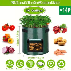 TEMU 14개입 고강도 정원 감자 재배 가방 (플랩 & 손잡이 포함) - 3/7/10 갤런 공기 주입 원단 화분, 녹색, 저압 식물 훈련용, 과일, 양파, 토마토, 채소, 꽃, 실내외 사용, 식물 훈련 가방 | 공기 주입 원단