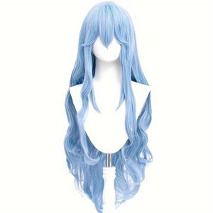 TEMU 코스프레 애니메이션 가발 버튼 네트 60cm 블루 에어 롱 컬리 헤어, 링 폴리 동일 스타일 COS 가발, 모든 종류의 파티, 컨벤션, 롤플레잉에 적합