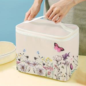 TEMU 1pc 비식품 접촉 꽃 나비 프린트 절연 도시락 가방 - 재사용 가능, 시원하고 맛있는 청소년 및 근로자, 학교 및 사무실에 완벽, 폴리에스터 소재, 손세탁만, 도시락