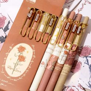 TEMU 4개, 귀여운 장미 꽃 젤 펜, 리트랙터블 젤 펜, 0.5mm 빠른 건조 블랙 잉크 펜 귀여운 펜, 미세한 포인트 펜, 부드러운 필기 펜, 학교용 색상, 카와이 문구류, 사무실 및 학교 용품