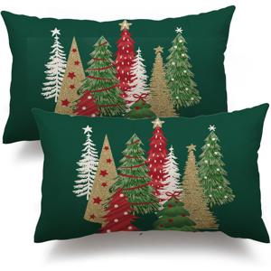 TEMU 2개 세트 축제용 그린 리넨 크리스마스 베개 커버, 12x20인치 - 스타일리시한 크리스마스 트리 & 골든 글리터 악센트가 있는 홈 소파 장식용 (세탁기 사용 가능, 지퍼 클로저, 삽입물 없음), 크리스마스 베개 커버, 크리스마스 장식